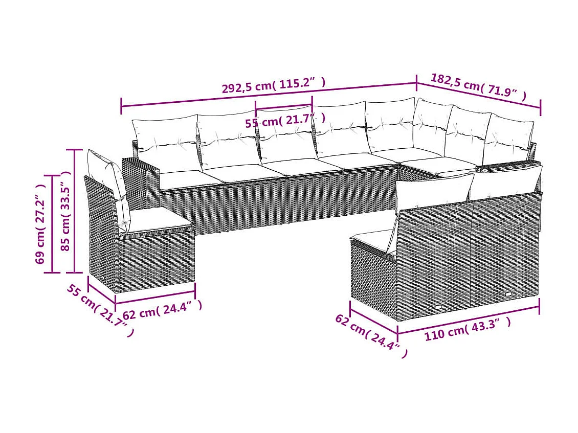 10-tlg. Garten-Sofagarnitur mit Kissen Schwarz Poly Rattan