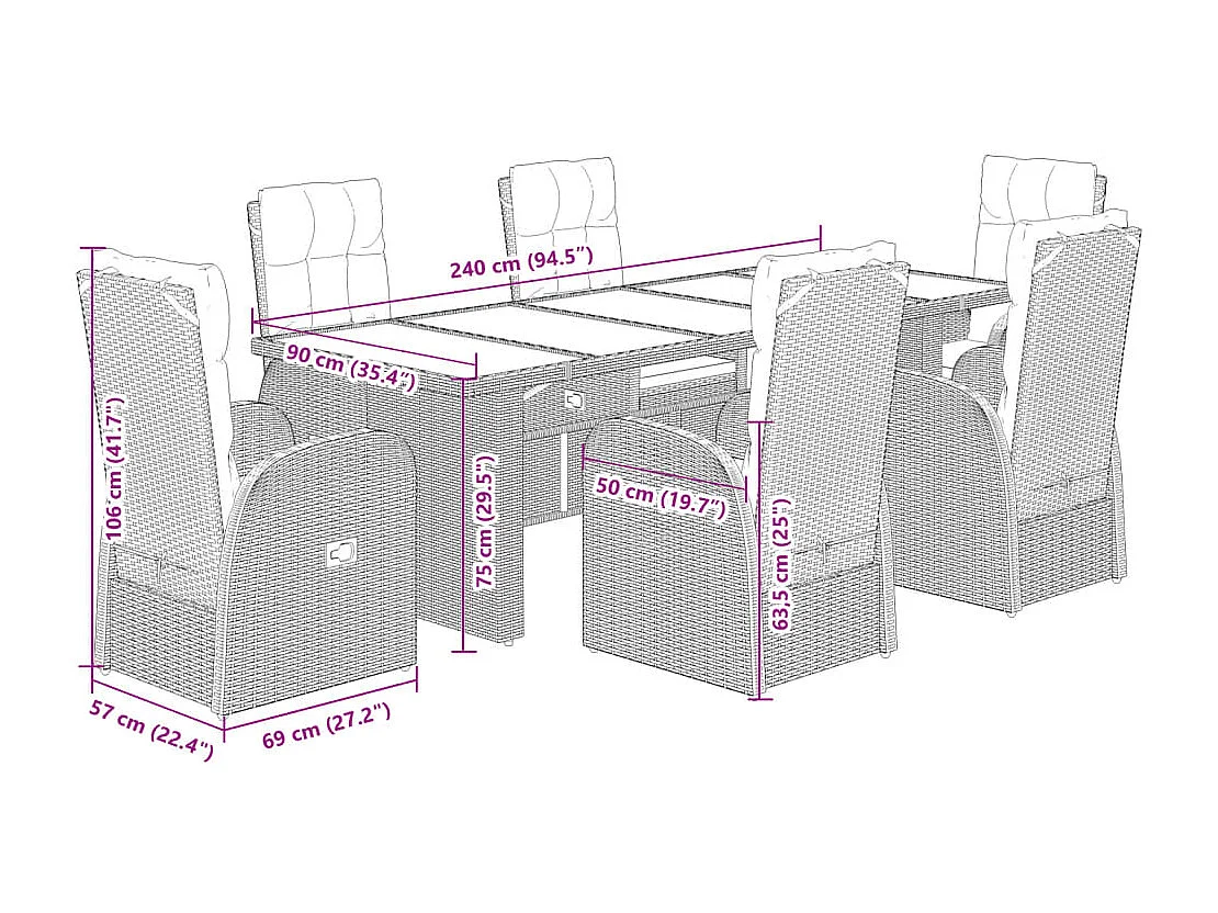 7-delige Tuinset met kussens poly rattan zwart
