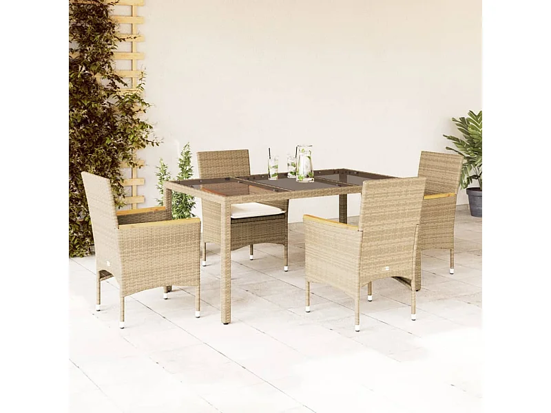 5-delige Tuinset met kussens poly rattan en glas beige