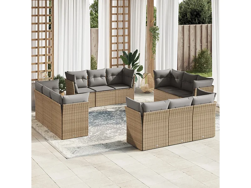 Salon de jardin avec coussins 12 pcs beige résine tressée
