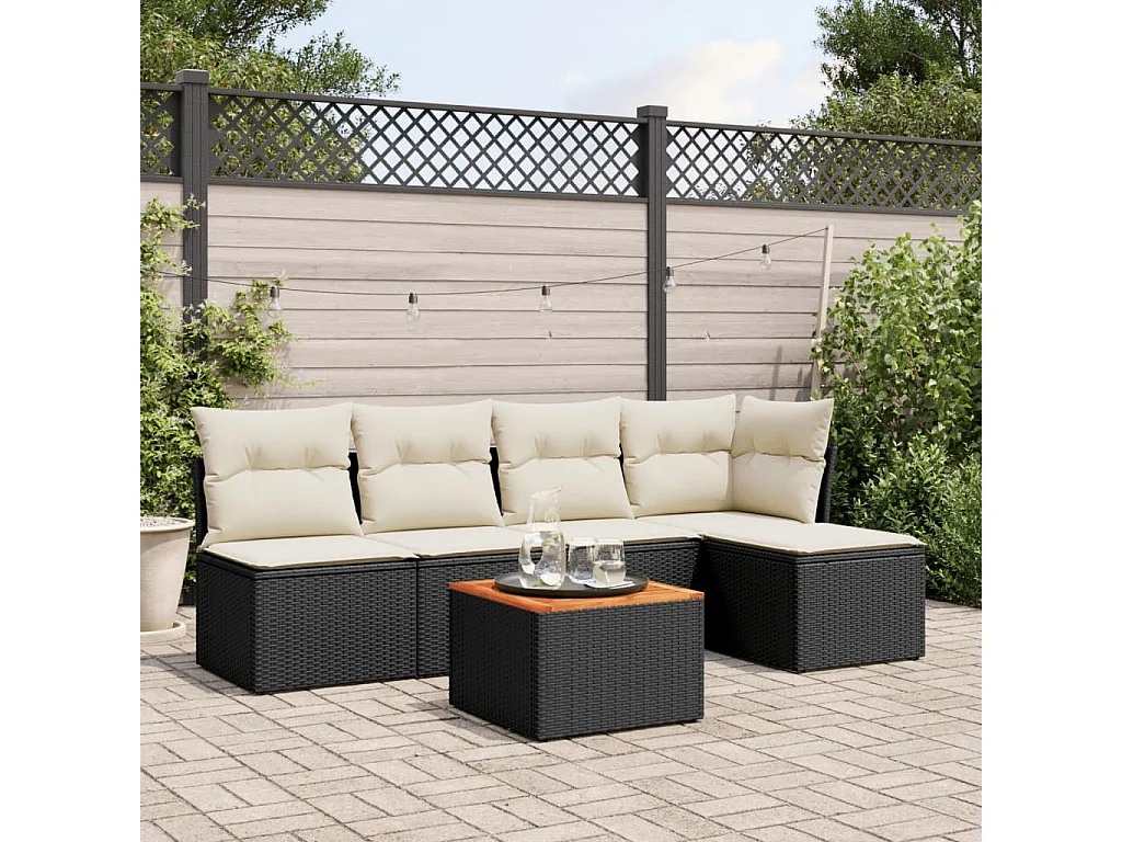6-delige Loungeset met kussens poly rattan zwart
