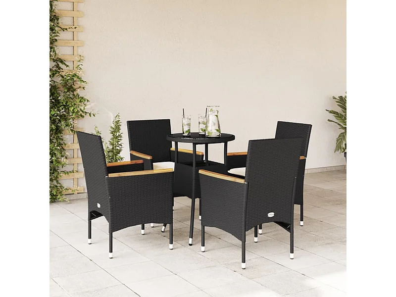 Ensemble à manger de jardin et coussins 5 pcs noir rotin verre