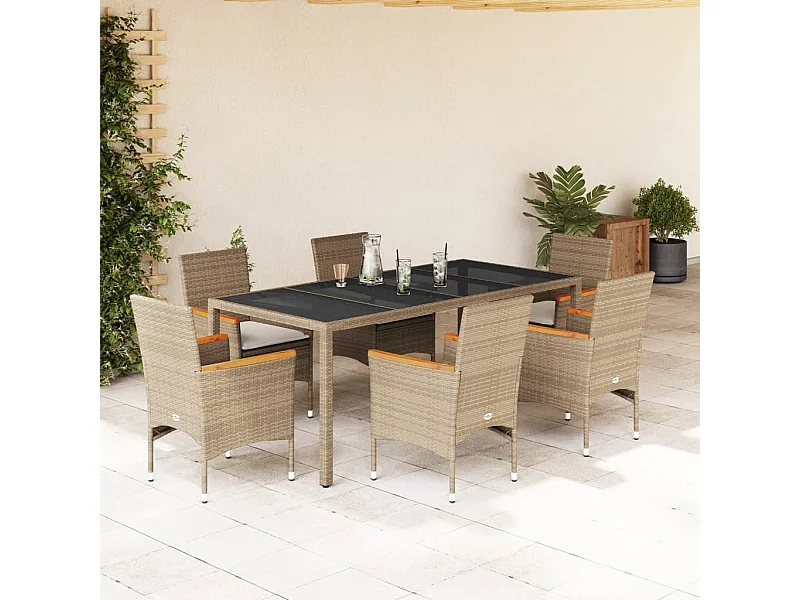 Set comedor jardín 7 pzas cojines ratán sintético vidrio beige