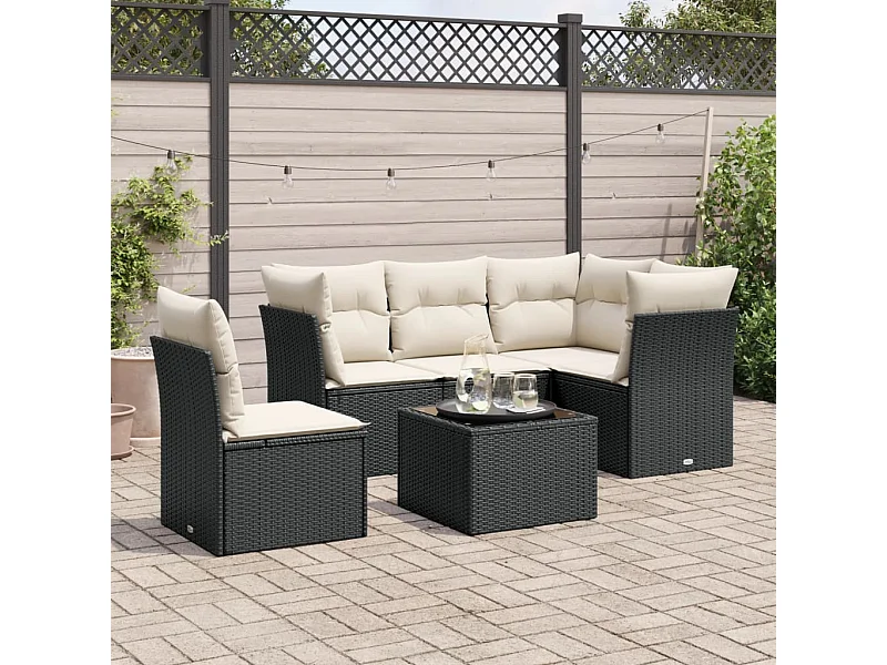 Set Divano da Giardino 6 pz con Cuscini Nero in Polyrattan