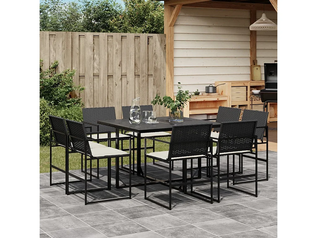 Ensemble à manger de jardin 9pcs coussins noir résine tressée