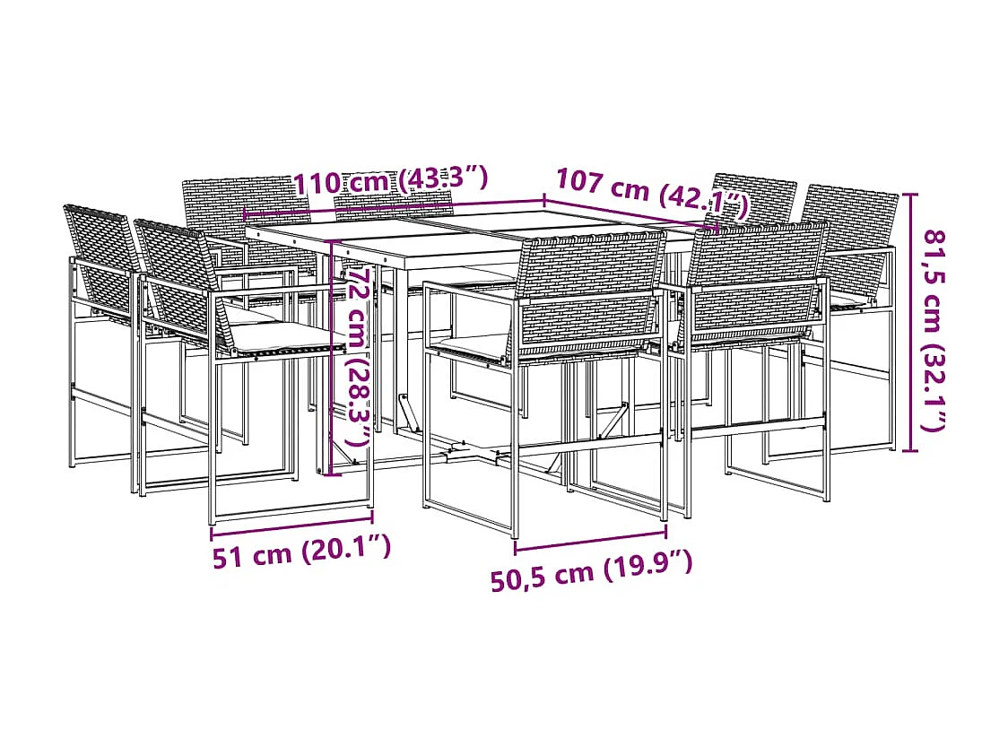 Ensemble à manger de jardin 9pcs coussins noir résine tressée