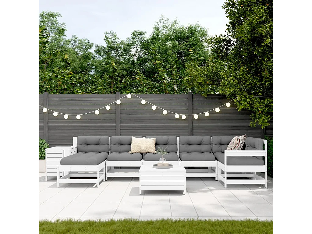Salon de jardin 9 pcs blanc bois de pin massif