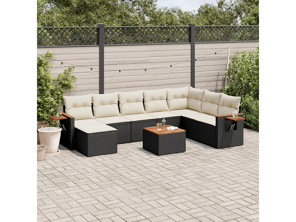 9 pcs conjunto de sofás p/ jardim c/ almofadões vime PE preto