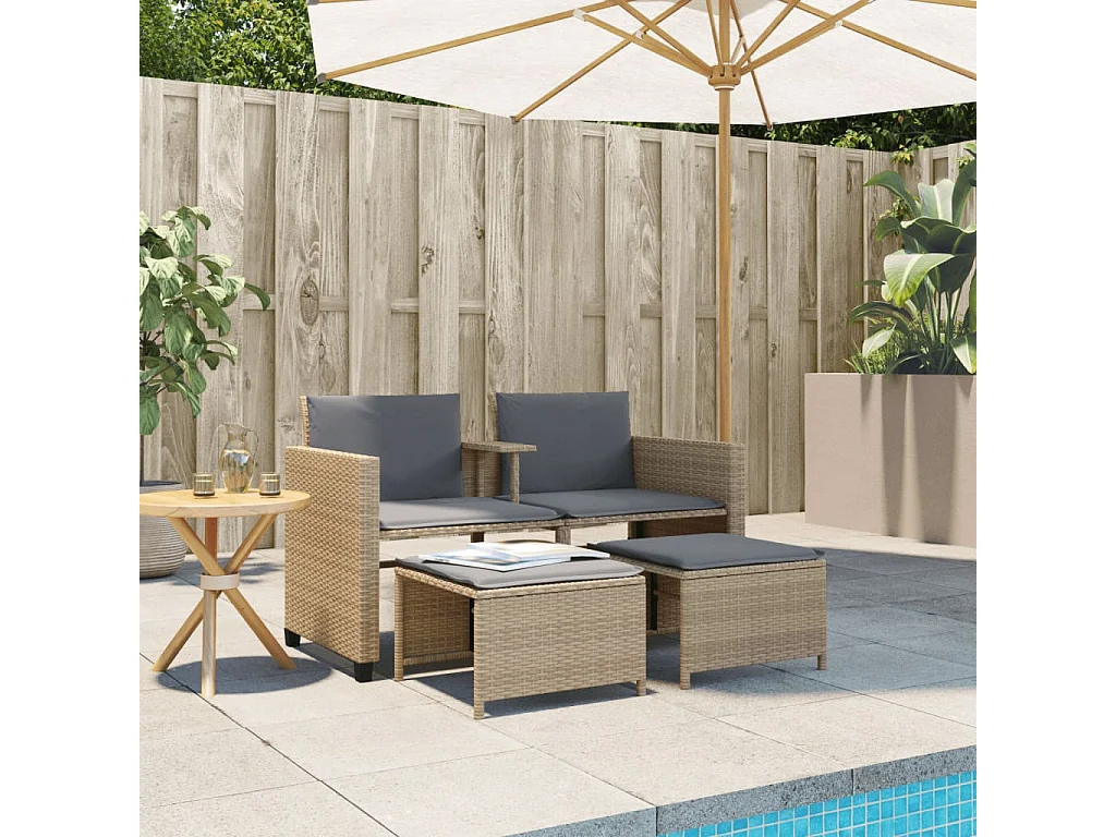 Gartensofa 2-Sitzer mit Tisch und Hockern Beige Poly Rattan