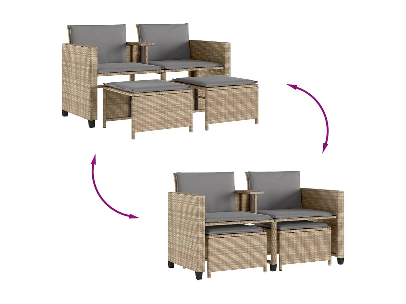 Gartensofa 2-Sitzer mit Tisch und Hockern Beige Poly Rattan