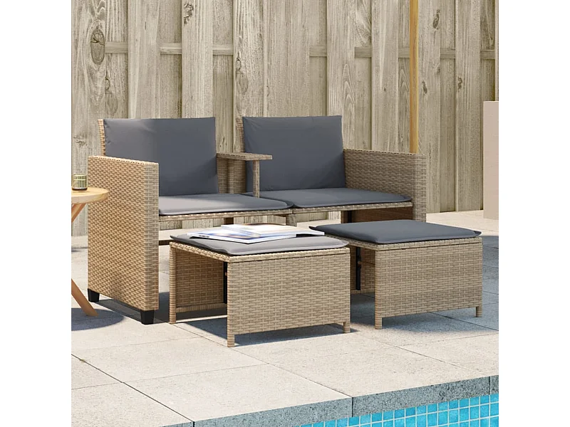 Tuinbank 2-zits met tafel en voetenbanken poly rattan beige