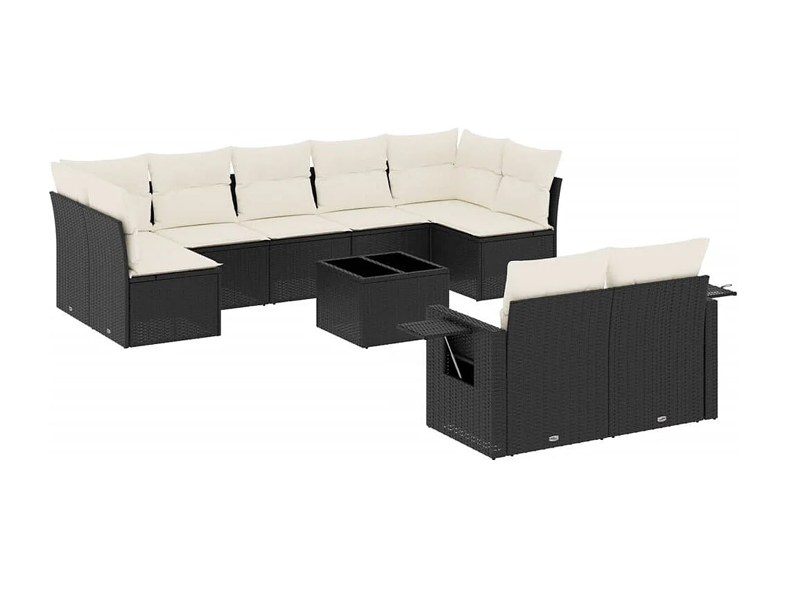 10-delige Loungeset met kussens poly rattan zwart