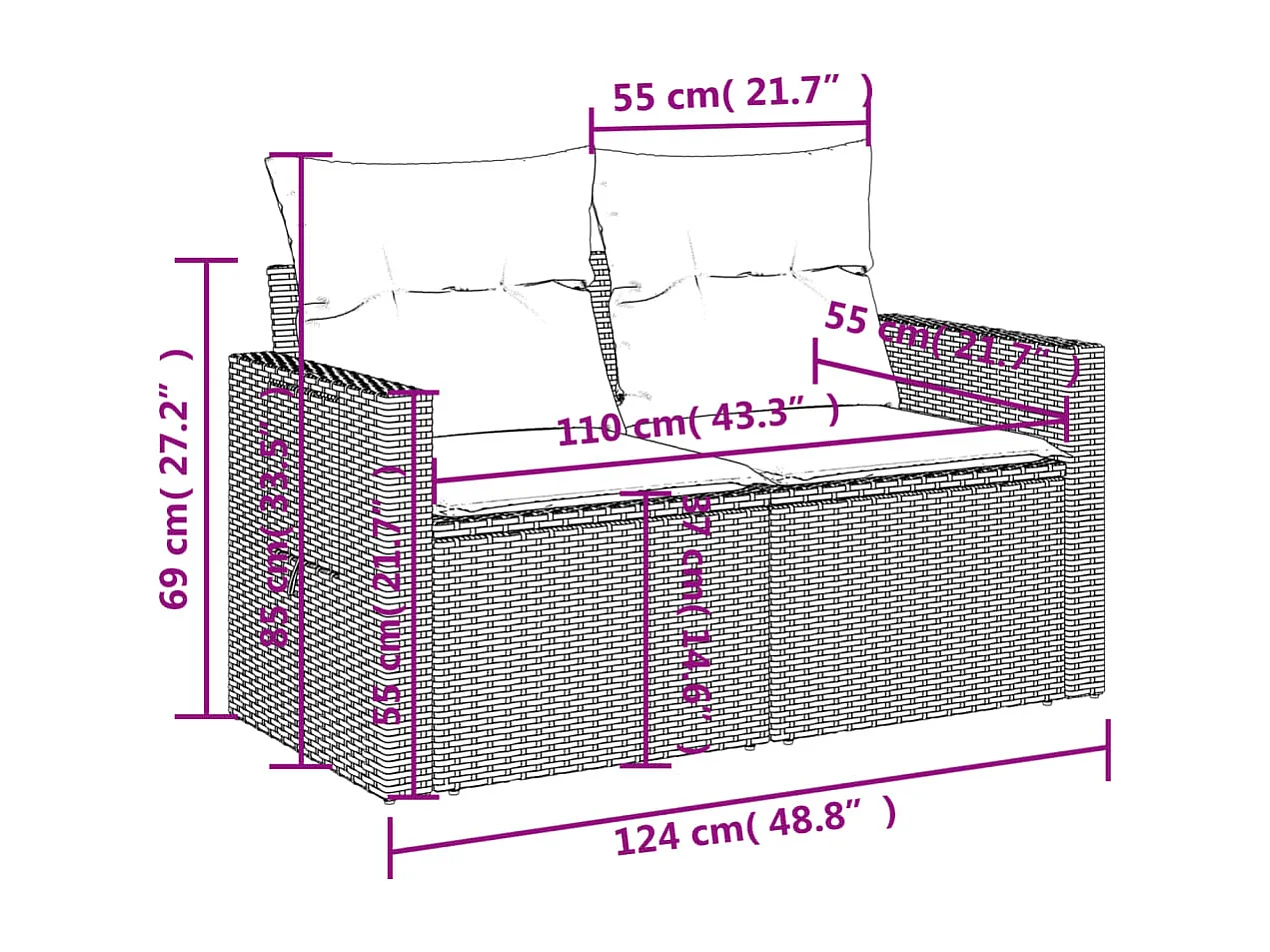 10-delige Loungeset met kussens poly rattan zwart