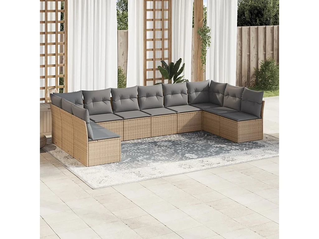 Salon de jardin avec coussins 10 pcs beige résine tressée