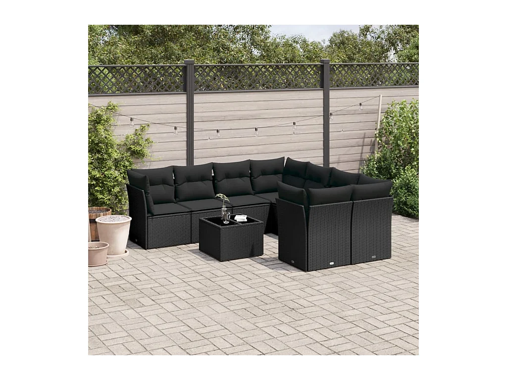 Salon de jardin 9 pcs avec coussins noir résine tressée