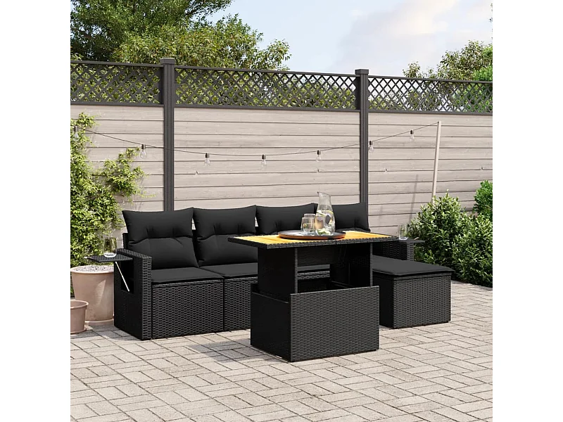 Salon de jardin 6 pcs avec coussins noir résine tressée