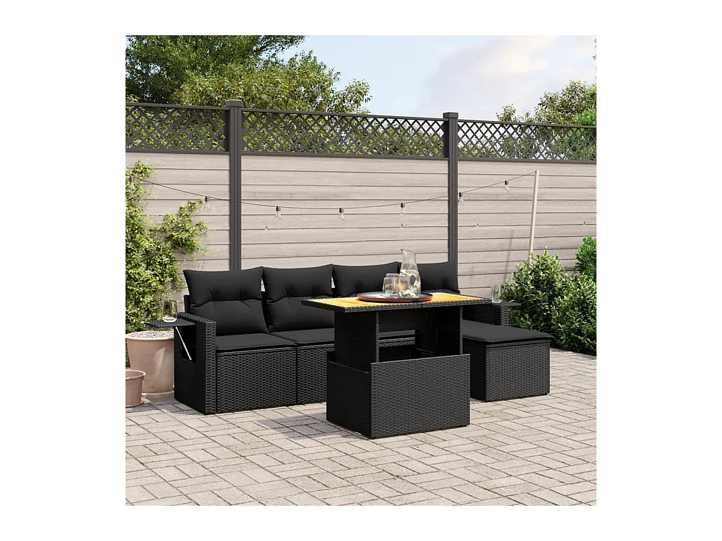 Salon de jardin 6 pcs avec coussins noir résine tressée