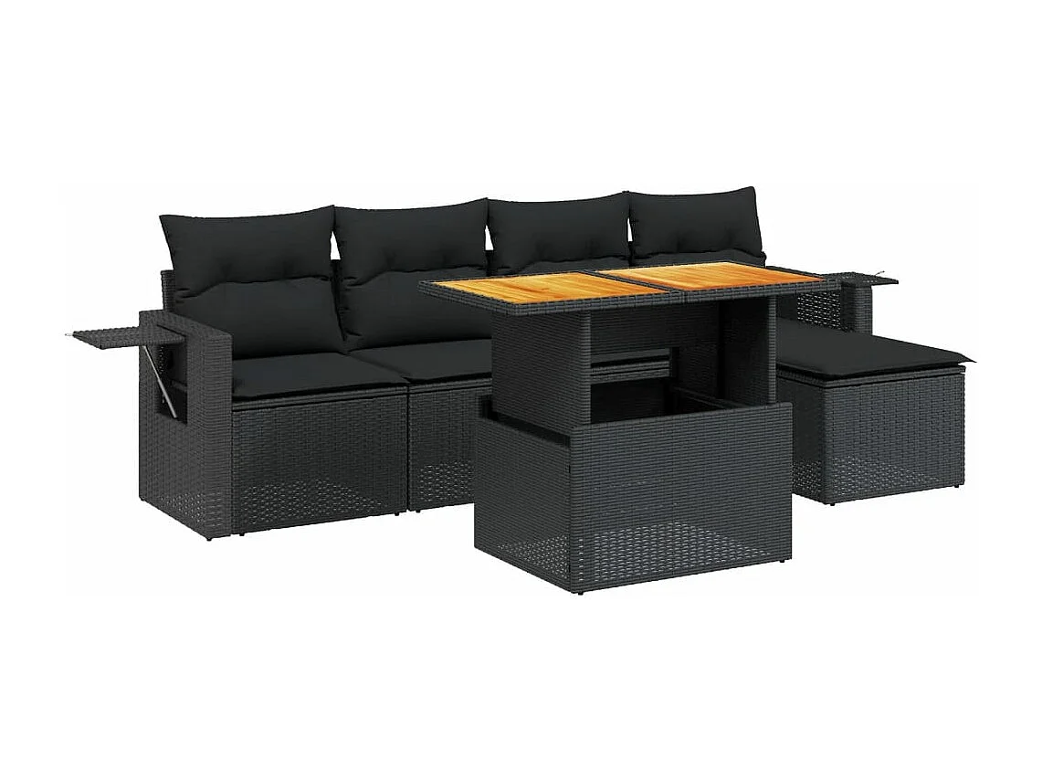 Salon de jardin 6 pcs avec coussins noir résine tressée