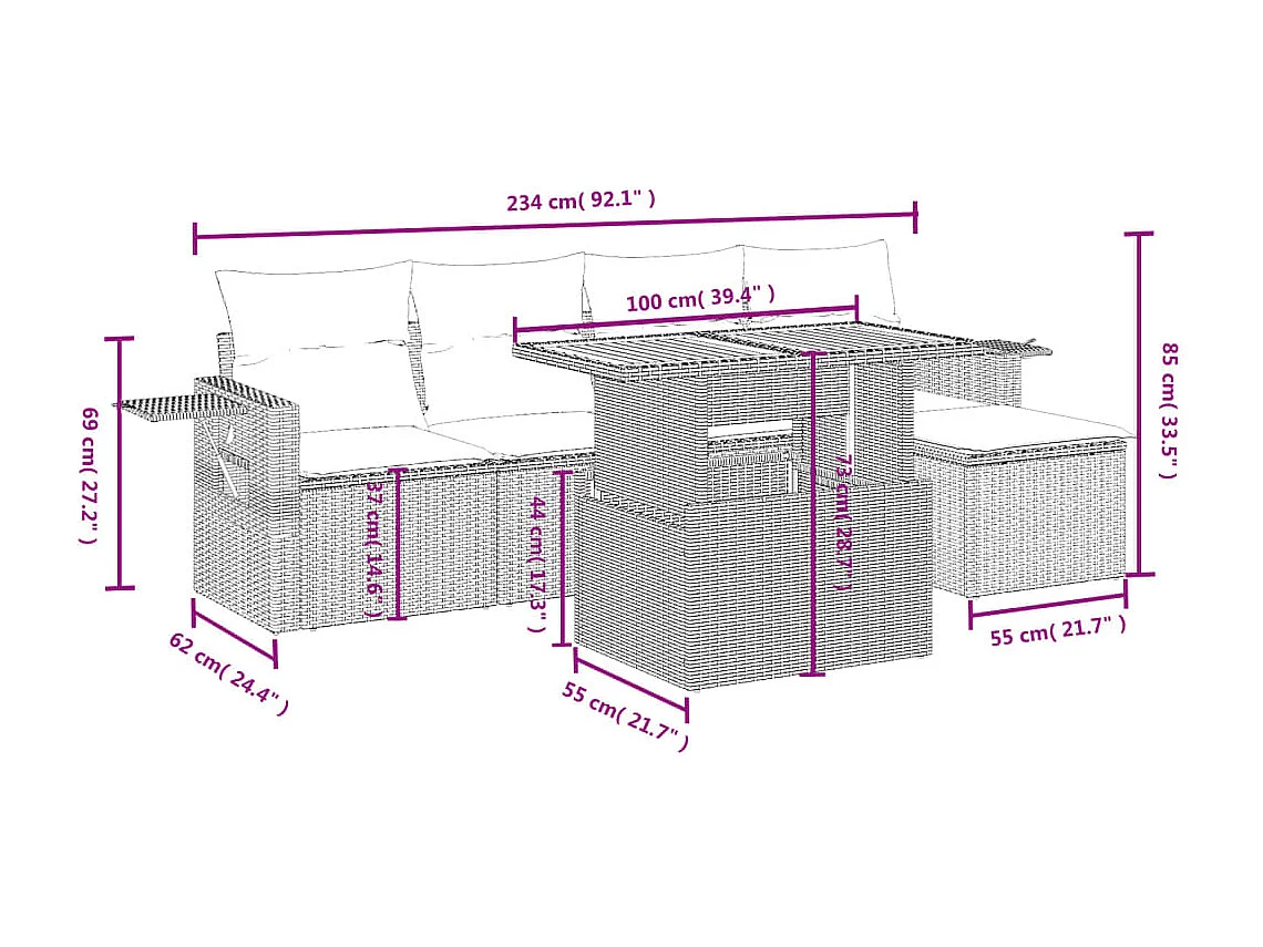 Salon de jardin 6 pcs avec coussins noir résine tressée
