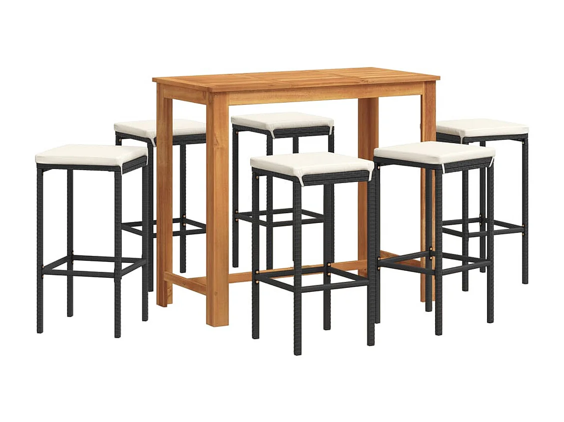 Set Bar da Giardino 7 pz Nero in Legno Acacia e Polyrattan