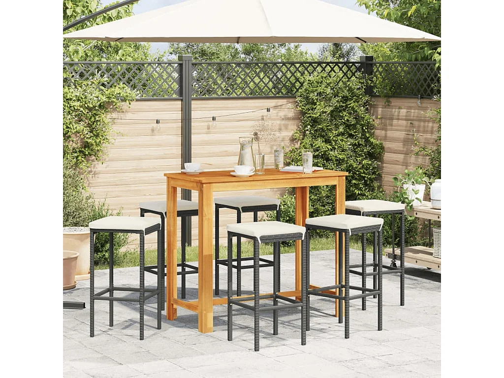 Set Bar da Giardino 7 pz Nero in Legno Acacia e Polyrattan