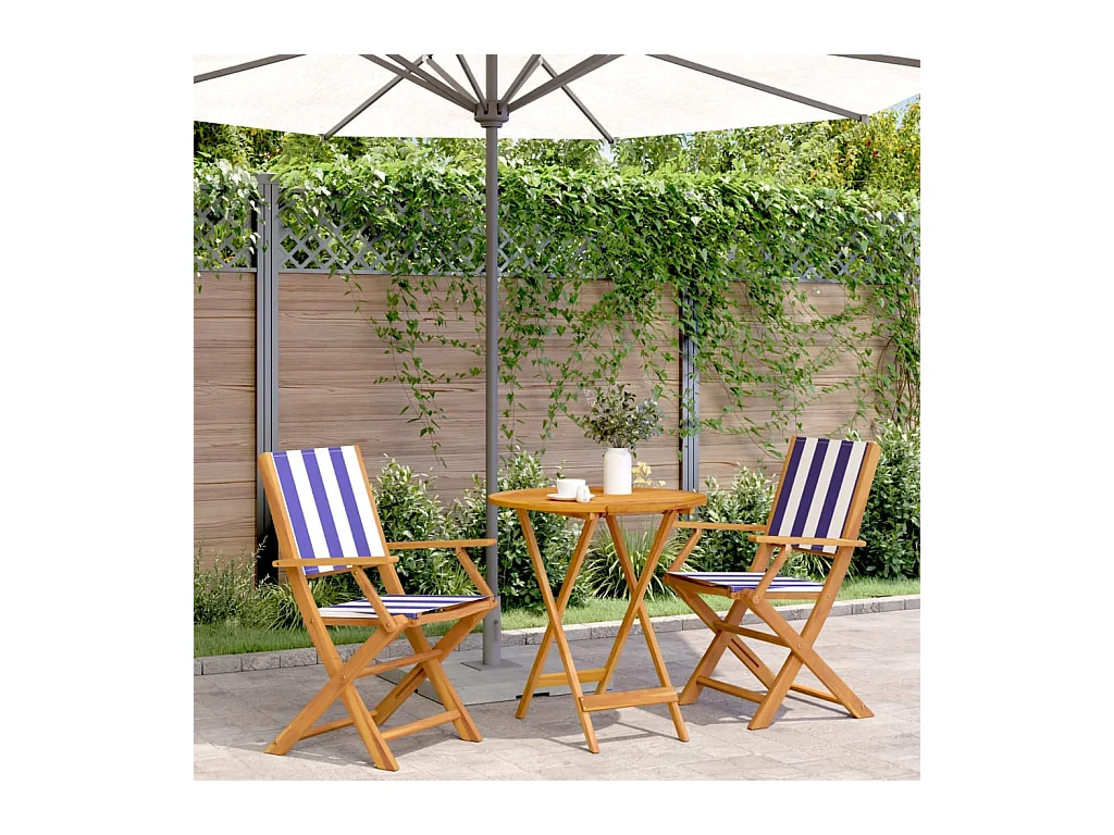 Ensemble de bistro 3 pcs bleu et blanc tissu et bois massif