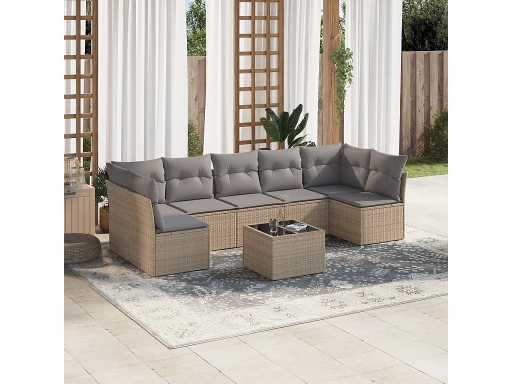 Salon de jardin avec coussins 8 pcs beige résine tressée
