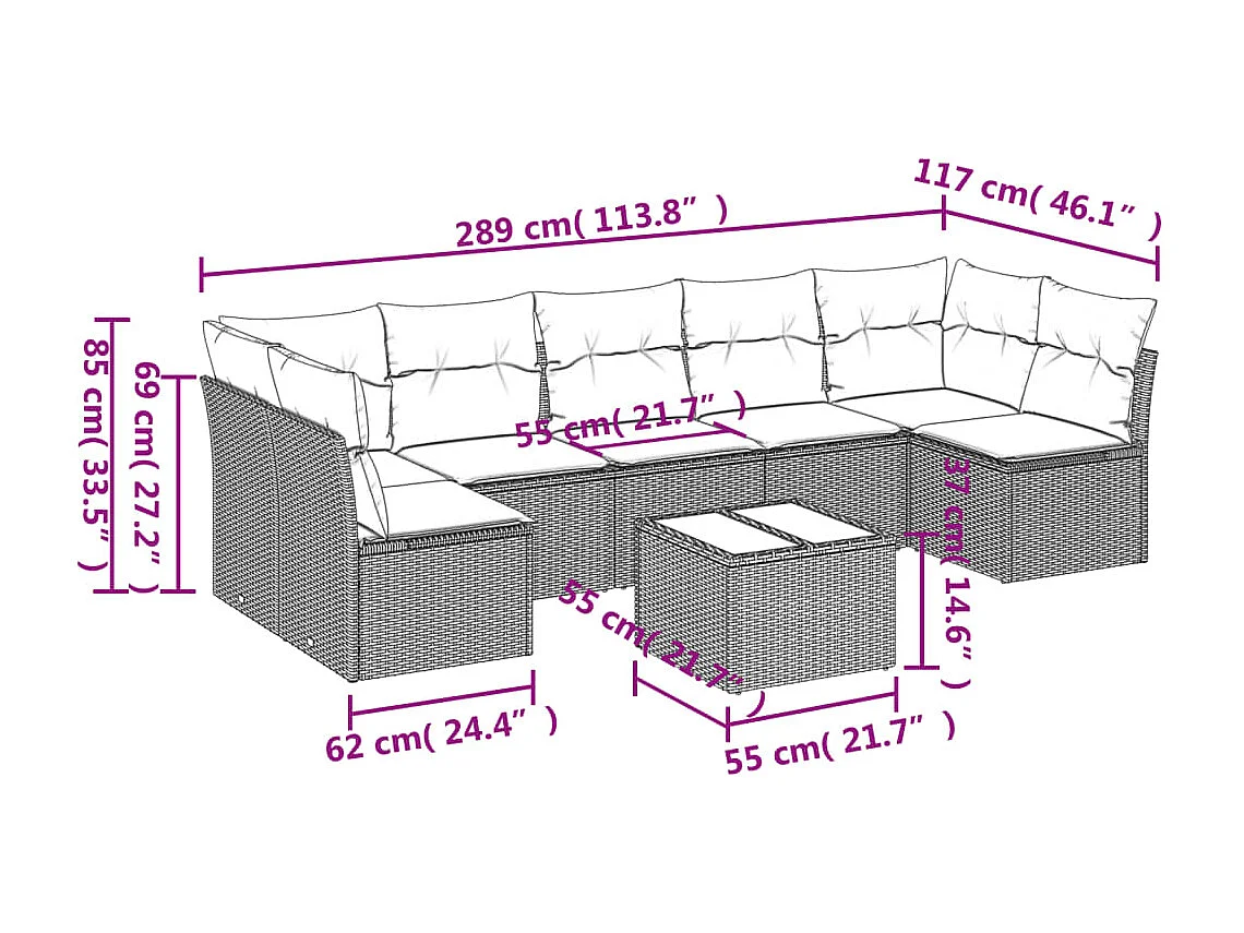 Salon de jardin avec coussins 8 pcs beige résine tressée