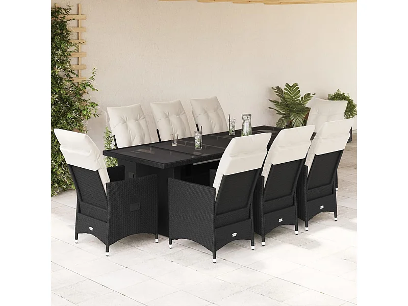 Set Bistrò da Giardino 9 pz con Cuscini in Polyrattan Nero