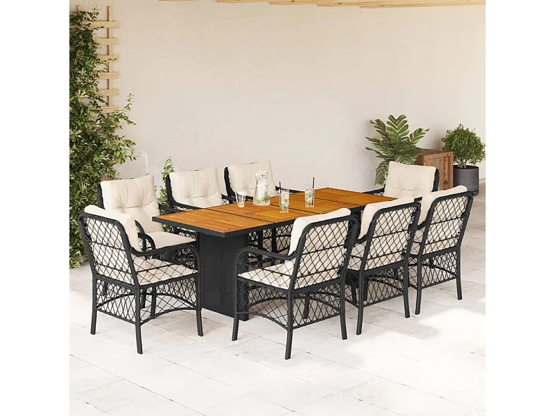 9 pcs conjunto de jantar p/ jardim c/ almofadões vime PE preto