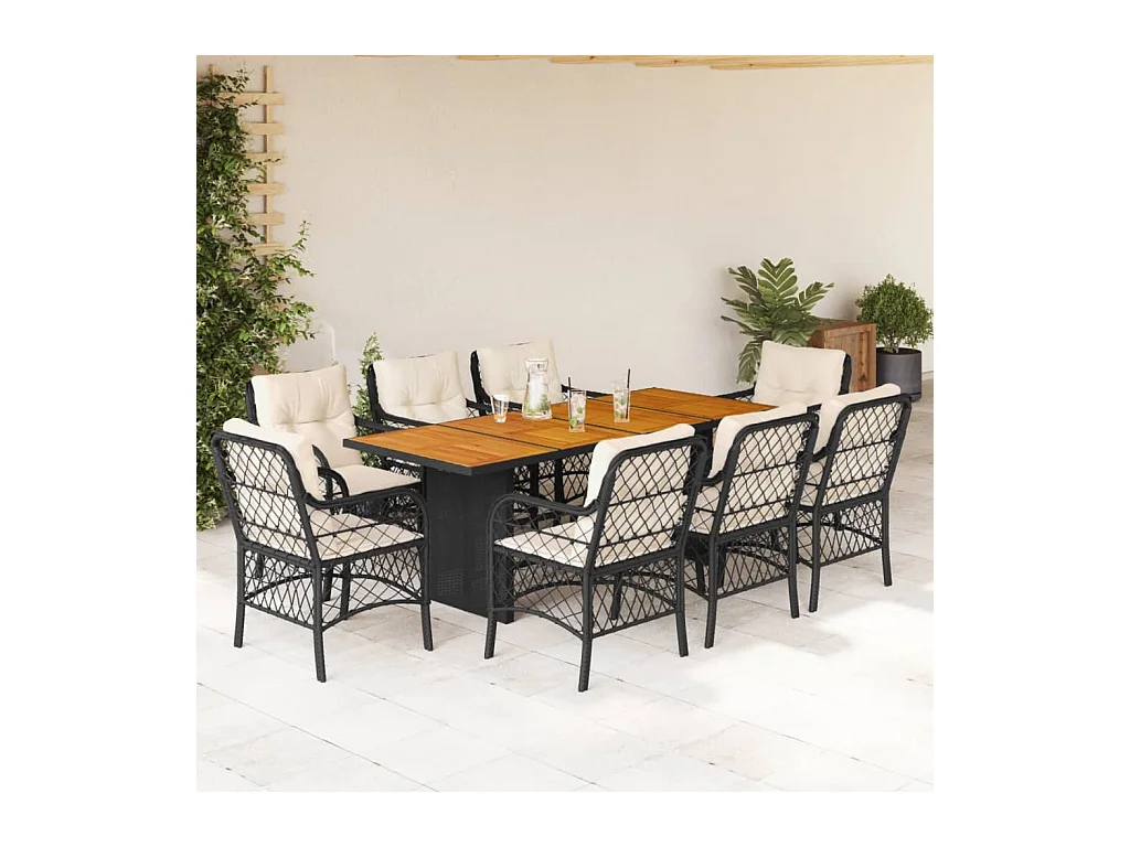 Ensemble à manger de jardin 9pcs coussins noir résine tressée