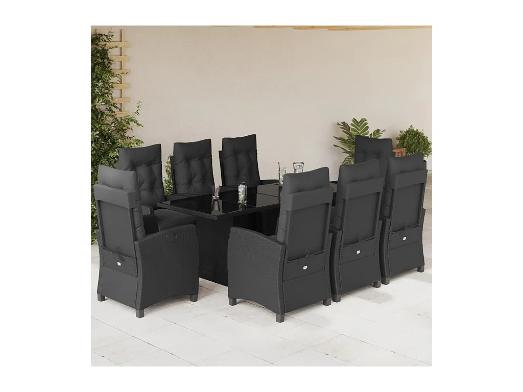 9-tlg. Garten-Essgruppe mit Kissen Schwarz Poly Rattan