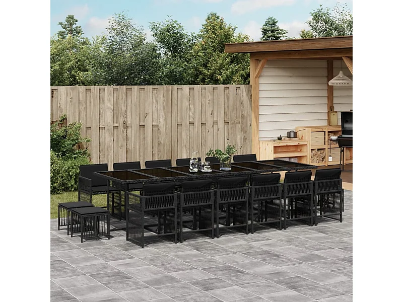 Set da Pranzo da Giardino 17 pz con Cuscini Nero in Polyrattan