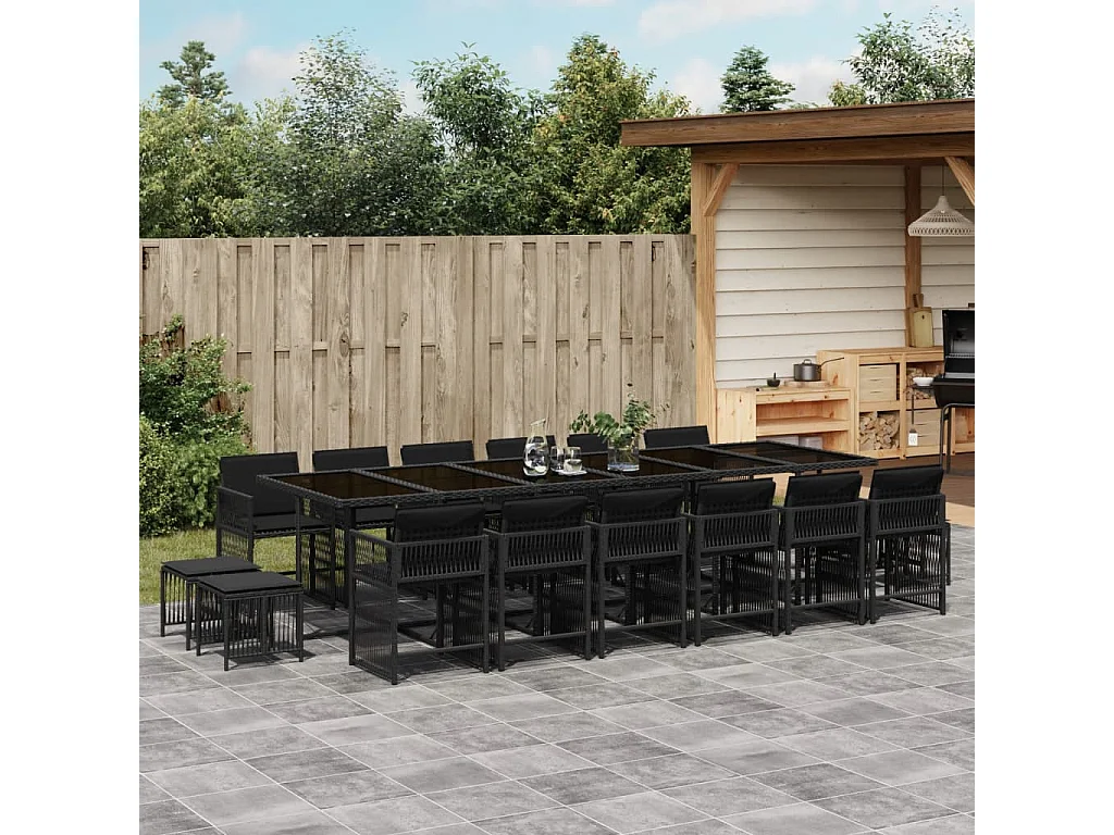 Ensemble à manger de jardin 17 pcs coussins noir résine tressée
