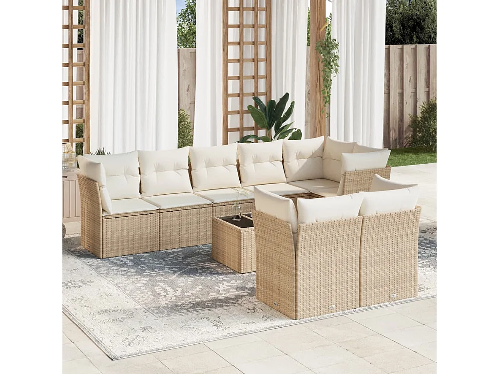 9 pcs conjunto de sofás p/ jardim com almofadões vime PE bege