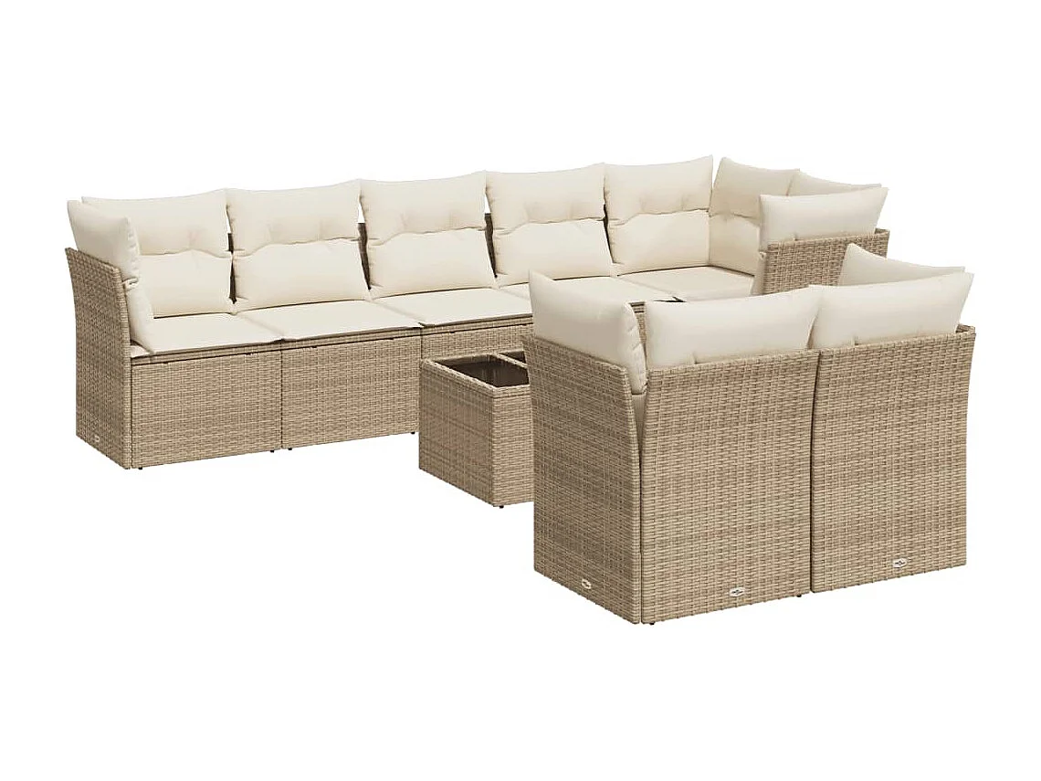 9 pcs conjunto de sofás p/ jardim com almofadões vime PE bege