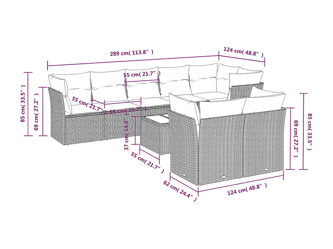 9 pcs conjunto de sofás p/ jardim com almofadões vime PE bege