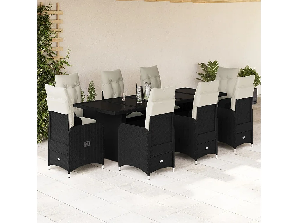 Set Bistrò da Giardino 9 pz con Cuscini in Polyrattan Nero