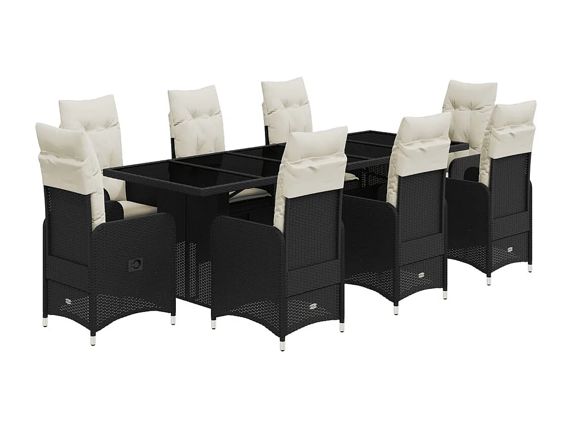 Set Bistrò da Giardino 9 pz con Cuscini in Polyrattan Nero