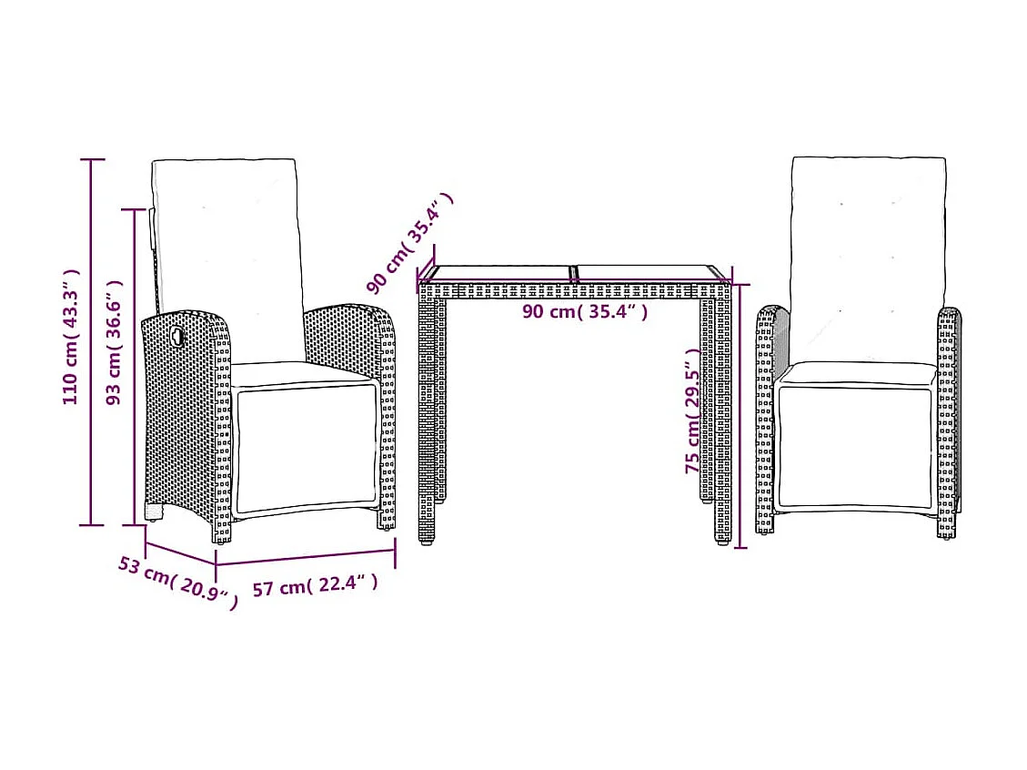Set da Bistrò 3 pz con Cuscini Grigio in Polyrattan