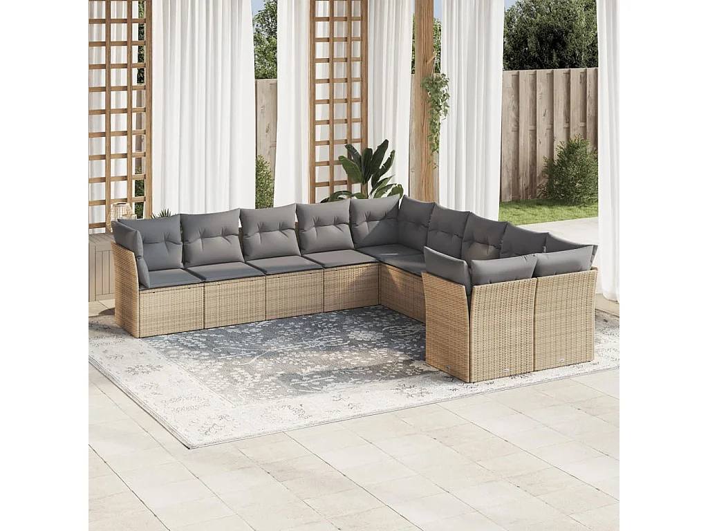 Salon de jardin avec coussins 10 pcs beige résine tressée