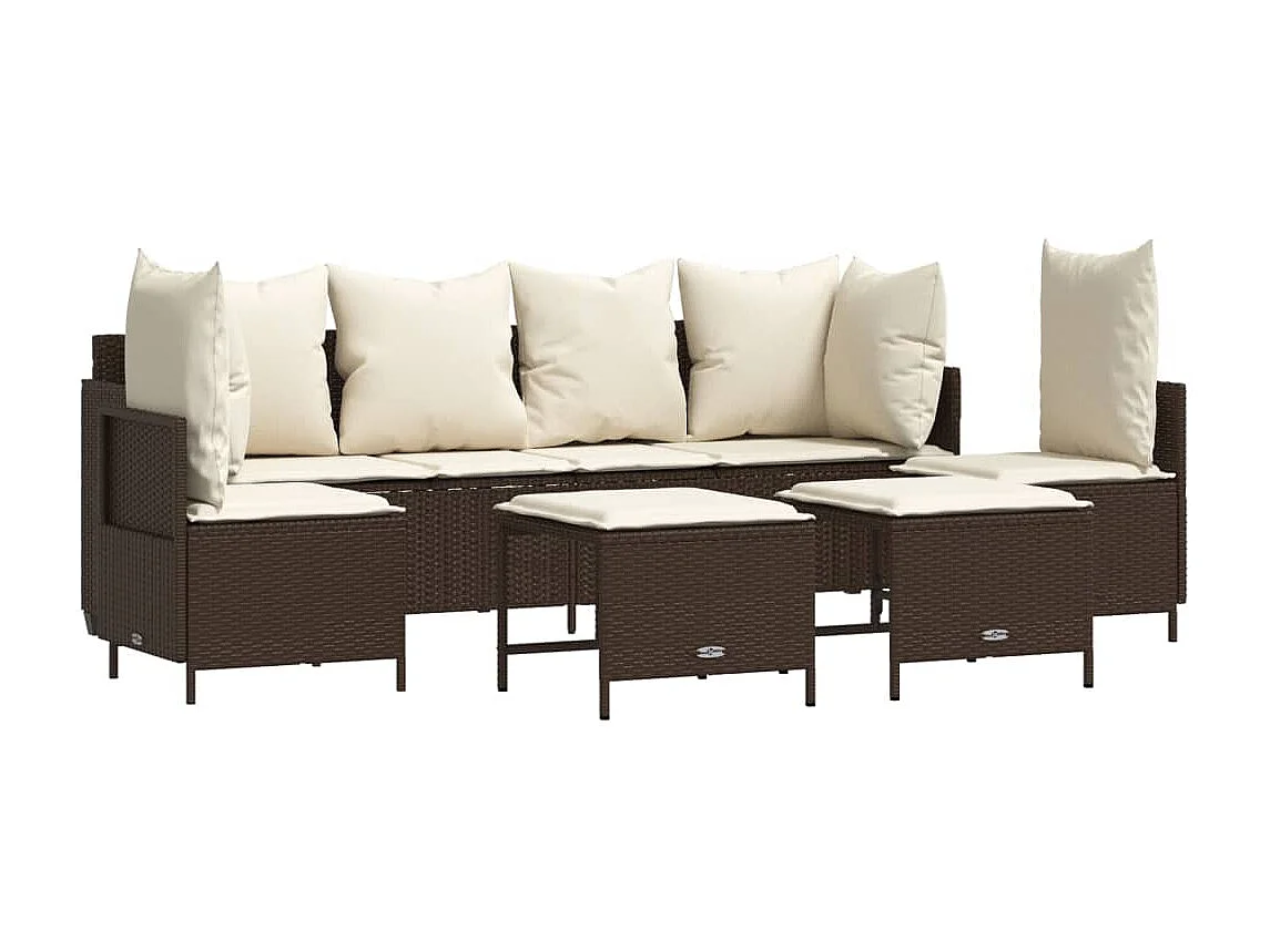 5 pcs conjunto sofás p/ jardim c/ almofadões vime PE castanho