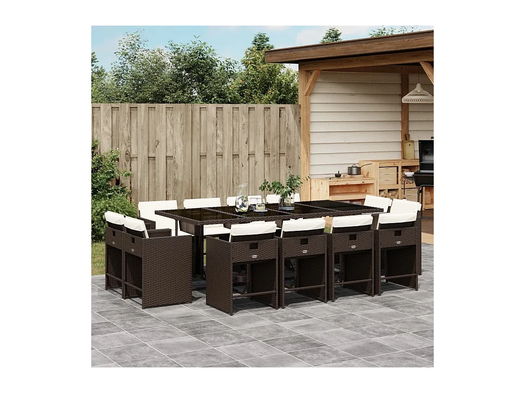 Set da Pranzo da Giardino 13pz con Cuscini Marrone Polyrattan