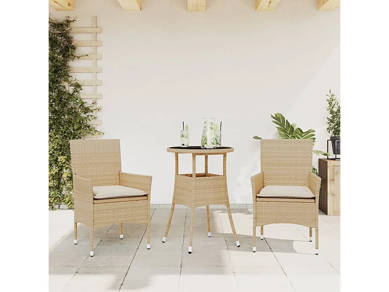 3 pcs conjunto jantar jardim com almofadões vime PE/vidro bege