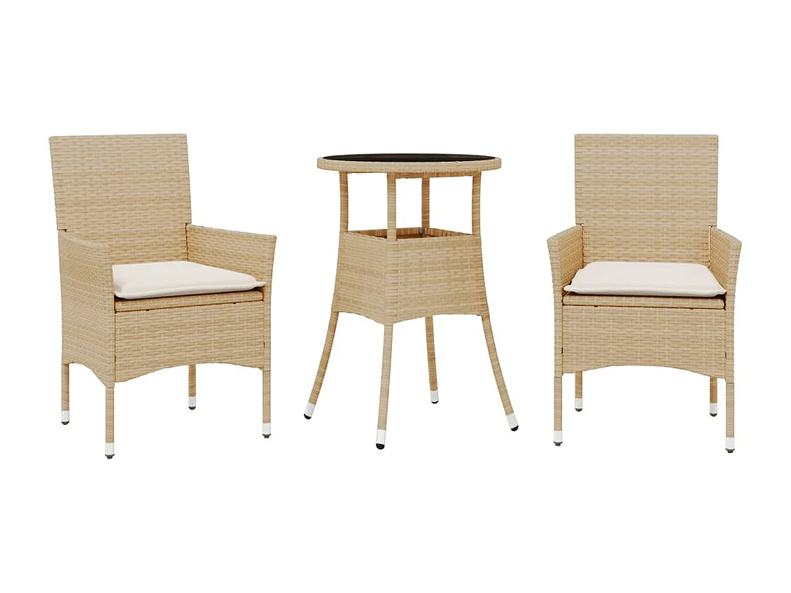 Set da Pranzo da Giardino 3 pz con Cuscini Polyrattan e Vetro