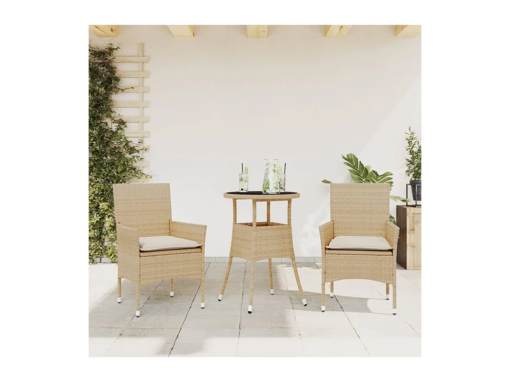 Ensemble à manger de jardin et coussins 3 pcs beige rotin verre