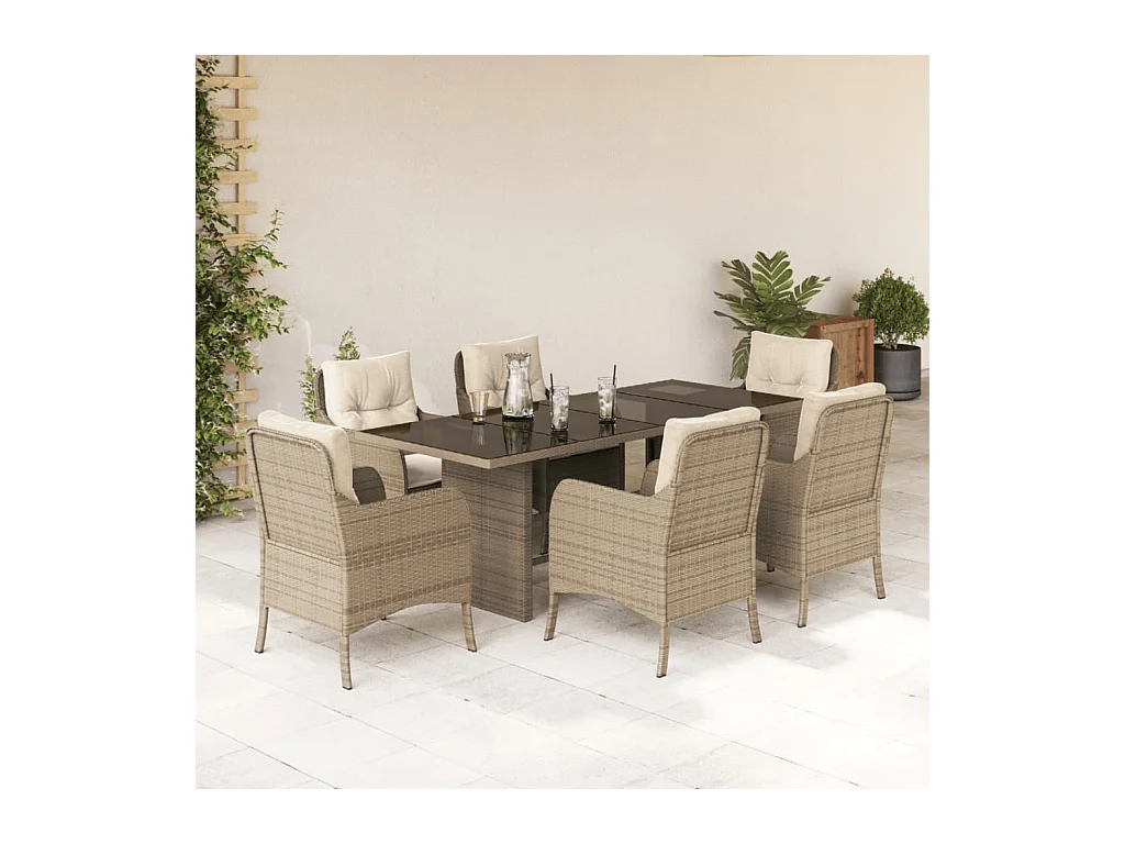 Ensemble à manger de jardin et coussins 7 pcs beige poly rotin