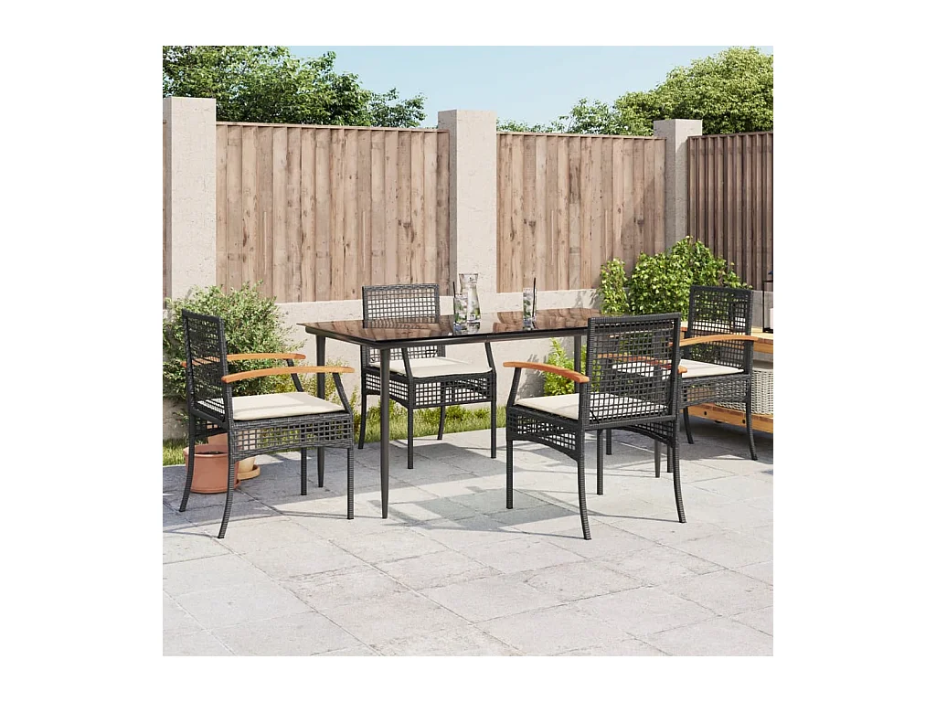 Set da Pranzo da Giardino 5 pz Nero con Cuscini in Polyrattan