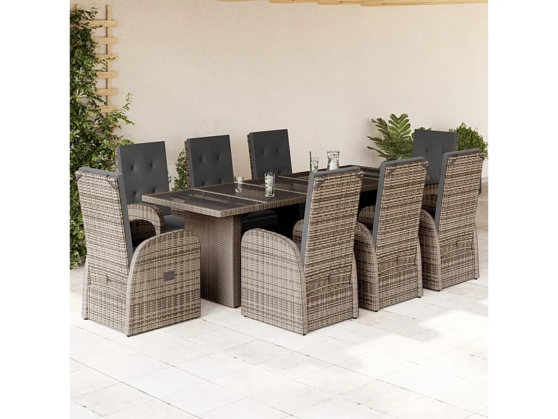 Ensemble à manger de jardin 9 pcs coussins gris résine tressée