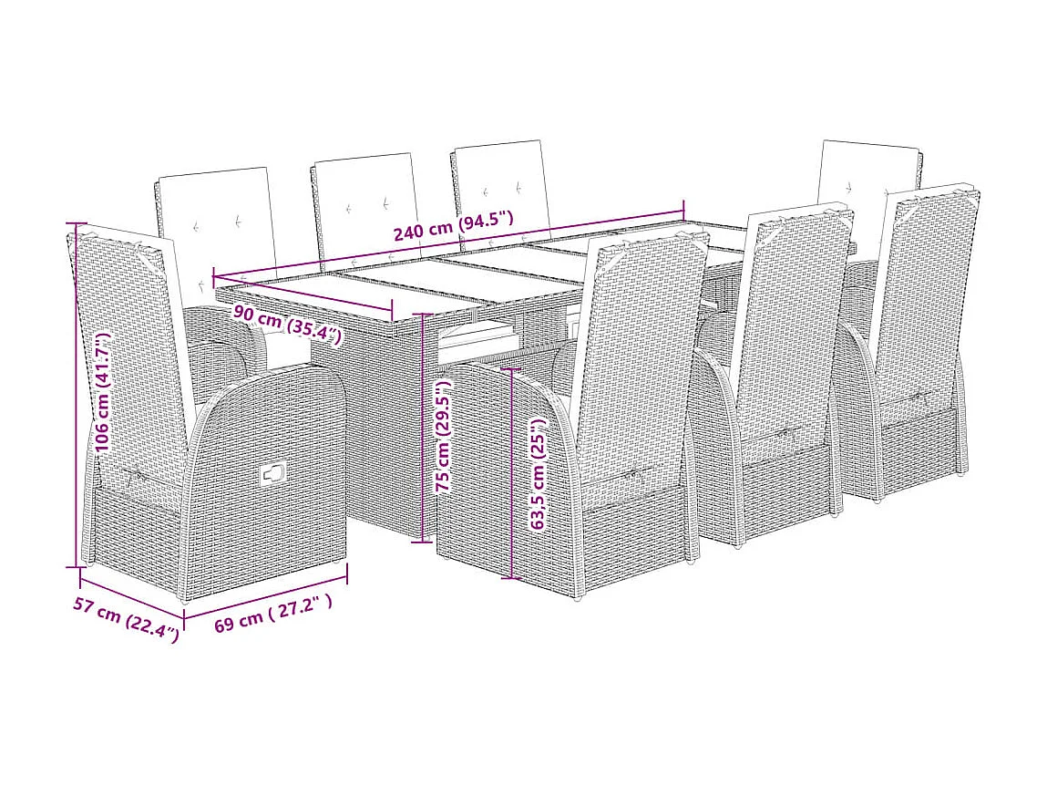 Set comedor jardín 9 pzas y cojines ratán sintético gris